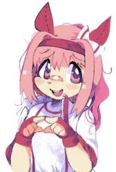 Rule 34 | 1girl, :d, animal ears, bandaid, bandaid on face, bandaid on nose, ben-day dots, blush, bow, commentary, english commentary, facing viewer, fingerless gloves, gloves, hair bow, hair intakes, hairband, hands up, haru urara (umamusume), horse ears, horse girl, index fingers together, jacket, long hair, long sleeves, looking to the side, nessiemooo, open clothes, open jacket, open mouth, pink eyes, pink hair, raised eyebrows, red gloves, red hairband, screentones, shirt, sidelocks, simple background, sleeves rolled up, smile, solo, tareme, teeth, umamusume, upper body, upper teeth only, wavy hair, white background, white bow, white jacket, white shirt