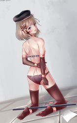 Rule 34 | 1girl, absurdres, artist name, ass, azur lane, bdsm, beret, black gloves, black hat, black panties, black thighhighs, blush, bondage, bound, bow, breasts, brown hair, butt crack, chain, character name, chinese text, controller, cross, cuffs, dated, dutch angle, elbow gloves, female focus, from behind, full body, gloves, hair bow, hair ornament, hair ribbon, hat, highres, kneeling, look back, looking at viewer, medium breasts, open mouth, panties, paper, purple eyes, pussy juice, pussy juice drip, pussy juice puddle, pussy juice trail, remote control, remote control vibrator, ribbon, sex toy, shackles, short hair, signature, solo, spreader bar, thighhighs, topless female, translation request, underwear, vibrator, vibrator cord, vibrator under clothes, white ribbon, z23 (azur lane)