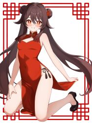 1girl absurdres alternate_costume black_shoes blush breasts brown_hair china_dress chinese_clothes commentary_request double_bun dress fingernails flower-shaped_pupils genshin_impact grin hair_between_eyes hair_bun highres hu_tao_(genshin_impact) kneeling long_hair looking_at_viewer nail_polish narawannko red_dress red_eyes red_nails shoes sleeveless sleeveless_dress small_breasts smile solo symbol-shaped_pupils twintails very_long_hair white_background