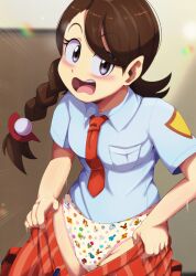 1girl braid brown_hair character_print cubone dedenne dewott eevee euf-dreamer farfetch&#039;d female_focus froslass gen_1_pokemon gen_2_pokemon gen_3_pokemon gen_4_pokemon gen_5_pokemon gen_6_pokemon grey_eyes hawlucha highres juliana_(pokemon) legendary_pokemon loli long_hair looking_at_viewer mew_(pokemon) motion_lines mythical_pokemon nintendo panties pikachu piplup pokemon pokemon_sv print_panties sawk solo throh torchic underwear xatu