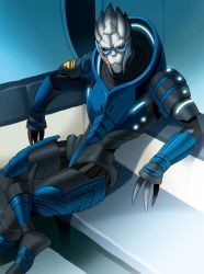 1boy alien armor black_sclera blue_eyes colored_sclera crossed_legs facepaint garrus_vakarian male_focus mass_effect_(series) mass_effect_1 neon_trim power_armor scar scar_on_face sitting solo turian yukiyanagi