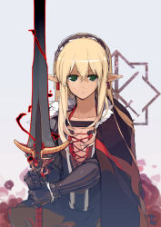 Rule 34 | 1girl, bad id, bad pixiv id, blonde hair, cape, earrings, empty eyes, female focus, gauntlets, green theme, hairband, jewelry, long hair, pixiv fantasia, pixiv fantasia 5, pointy ears, sakura sora, solo, sword, weapon
