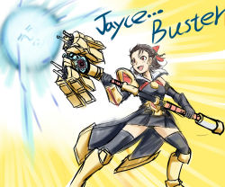 1girl black_hair dress female_focus gender_request genderswap jayce_(league_of_legends) kuso_miso_technique league_of_legends nam_(valckiry) panties ribbon short_hair solo thighhighs underwear weapon yaranaika
