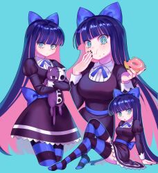 1girl absurdres aqua_eyes benzbt black_nails bow colored_inner_hair donut eating food food_on_face gothic_lolita hair_bow highres holding holding_donut holding_food honekoneko_(psg) lolita_fashion looking_at_viewer multicolored_hair on_floor panty_&amp;_stocking_with_garterbelt stocking_(psg) striped_clothes striped_thighhighs stuffed_animal stuffed_cat stuffed_toy thighhighs two-tone_hair