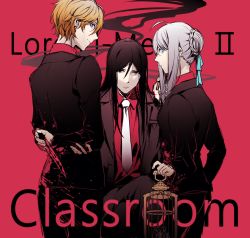 1girl 2boys ahoge aqua_eyes black_eyes black_hair blonde_hair blood blood_on_clothes bloody_knife bloody_weapon blue_eyes cage fate/strange_fake fate_(series) flat_escardos formal_clothes gray_(fate) grey_hair hair_between_eyes hair_bun highres holding holding_cage jack_the_ripper_(fate/strange_fake) knife long_hair lord_el-melloi_ii lord_el-melloi_ii_case_files multiple_boys necktie no_headwear red_background redoxhn reverse_grip single_hair_bun suit waver_velvet weapon