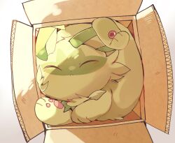 :&lt; box closed_eyes commentary cramped highres in_box in_container nintendo no_humans pokemon pokemon_(creature) simple_background solo sprigatito symbol-only_commentary white_background yupo_0322