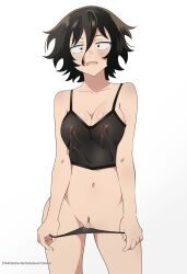 1girl absurdres animanghayo asai_akira black_eyes black_hair breasts highres medium_breasts nipples open_mouth panties see-through_clothes see-through_shirt shirt short_hair solo underwear yofukashi_no_uta