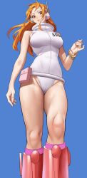 1girl absurdres bangle bare_arms bare_shoulders belt_pouch blue_background blush boots bracelet breasts closed_mouth crotch feet_out_of_frame floating_hair headphones highres jewelry large_breasts legs leotard lips log_pose long_hair looking_at_viewer matching_hair/eyes nail_polish nami_(one_piece) nami_(one_piece)_(egghead) official_alternate_costume one_piece orange_eyes orange_hair panties pink_boots pink_lips pink_nails pouch sidelocks simple_background sleeveless solo standing thighs underwear wavy_hair white_leotard white_panties yoshio_(55level)