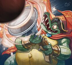 1boy antique_firearm blunderbuss cape curlypencil donkey_kong_(series) firearm furry furry_male gun hat holding holding_gun holding_weapon king_k._rool nintendo open_mouth pirate_hat red_cape reptile_boy sharp_teeth solo teeth weapon
