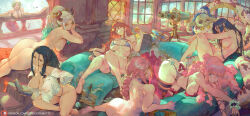 6+girls ass balcony banknote bikini black_garter_belt black_hair black_panties black_thighhighs blue_bikini blue_eyes blunt_bangs boa_hancock book braid braided_ponytail breasts camie_(one_piece) commentary completely_nude couch covered_erect_nipples cutesexyrobutts dagger earrings food fruit garter_belt green_hair highres holding holding_book holding_food holding_fruit jewelry knife large_breasts long_hair looking_at_viewer mermaid money monster_girl multiple_girls nami_(one_piece) nico_robin nude on_couch one_piece open_book open_clothes open_shirt orange_(fruit) orange_hair panties perona pink_hair ponytail rebecca_(one_piece) salome_(one_piece) shirt short_hair single_thighhigh sitting snake snake_earrings swimsuit telescope thighhighs twintails underwear weapon white_shirt yamato_(one_piece)