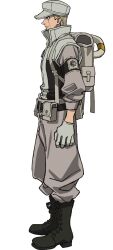 Rule 34 | 1boy, anime coloring, backpack, bag, beard, belt, belt pouch, black belt, blonde hair, blue eyes, boots, closed mouth, collarbone, facial hair, from side, full body, gachiakuta, gloves, green boots, grey gloves, grey hat, grey jacket, grey pants, gris rubion, hat, highres, ishino satoshi, jacket, official art, pants, pouch, profile, scar, scar on face, short hair, simple background, smile, solo, standing, stubble, transparent background, tsurime