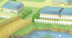 bridge bush cerulean_city commentary_request creatures_(company) fence flower game_freak gen_1_pokemon goldeen house konanbo nintendo no_humans orange_flower outdoors path picket_fence pidgey pokemon pokemon_(creature) pokemon_frlg poliwag river road scenery wooden_fence