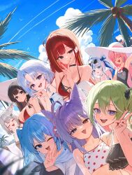 6+girls ahoge akane_lize animal_ears aokumo_rin arahashi_tabi ayatsuno_yuni black_hair blonde_hair blue_hair breasts cat_ears cat_girl cleavage closed_eyes cone_hair_bun double_bun fang green_hair grey_hair hair_bun hanako_nana hat heterochromia highres horns huhi_(huhi_1211) long_hair looking_at_viewer medium_hair multicolored_hair multiple_girls neneko_mashiro one_eye_closed open_mouth pink_hair purple_hair red_hair shirayuki_hina short_hair single_horn smile stellive streaked_hair sun_hat teeth tenko_shibuki upper_teeth_only virtual_youtuber yuzuha_riko