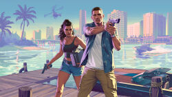 1boy 1girl absurdres aircraft black_tank_top blue_shirt blue_shorts boat brown_hair building cityscape day denim denim_shorts grand_theft_auto grand_theft_auto_vi gun handgun helicopter highres holding holding_gun holding_weapon jason_(grand_theft_auto) jason_duval jewelry key_visual long_hair lucia_(grand_theft_auto) lucia_caminos navel necklace official_art open_clothes open_shirt palm_tree pier print_shirt promotional_art realistic shirt short_hair short_shorts short_sleeves shorts skyscraper standing tank_top tree watch water watercraft weapon weapon_request white_tank_top wristwatch
