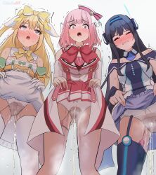 3girls black_hair blonde_hair blue_thighhighs bow bow_panties breasts closed_eyes clothes_lift commentary_request commission constricted_pupils dress dress_lift egg_vibrator fujisawa_yuzu garter_straps green_eyes highres hoshizaki_akari large_breasts lifting_own_clothes long_hair michinoku_(michino934) misumi_aoi multiple_girls ongeki panties pee peeing peeing_self peeing_together pink_eyes pink_hair rolling_eyes sex_toy short_hair simple_background skeb_commission small_breasts textless_version thighhighs underwear variant_set vibrator vibrator_in_thigh_strap vibrator_in_thighhighs vibrator_under_clothes vibrator_under_panties white_background white_panties white_thighhighs