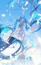 1girl antry_tange aqua_hair arm_up artist_name back bare_shoulders bird blue_sky cityscape clothes_writing floating_hair from_behind full_body hair_ornament hand_up hatsune_miku highres long_hair midair outstretched_arm shirt shorts sky solo translation_request twintails very_long_hair vocaloid white_bird white_shirt white_shorts