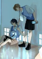Rule 34 | 18trip, 22kolink, 2boys, black hair, black shoes, black shorts, blue vest, bottle, brown hair, brown shorts, full body, hair between eyes, helmet, highres, holding, holding bottle, holding helmet, indoors, kaguya muneuji, kurama ushio, looking at another, looking down, male focus, multiple boys, on floor, shirt, shoes, short sleeves, shorts, sitting, smile, space helmet, towel, towel on one shoulder, vest, water bottle, white shirt
