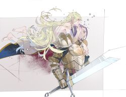 2boys absurdres aqua_eyes armor barefoot black_cape blonde_hair cape commentary_request couple dragon_quest dragon_quest_xi earrings facial_hair floating ghost gold_armor greig_(dq11) hair_slicked_back highres holding holding_sword holding_weapon homeros_(dq11) implied_nudity jewelry jklo932 knight long_hair male_focus multiple_boys official_alternate_costume pauldrons profile purple_facial_hair purple_hair red_cape rerebrace shoulder_armor single_bang spoilers stud_earrings sword two-sided_cape two-sided_fabric weapon white_background yaoi yellow_eyes