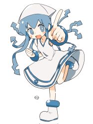 1girl :d ankle_boots blue_eyes blue_hair boots bracelet chibi dress full_body hat highres ikamusume jewelry long_hair looking_at_viewer naka_(buttergirl_02) open_mouth pointing shinryaku!_ikamusume simple_background sleeveless smile solo standing standing_on_one_leg sundress tentacle_hair white_background white_dress