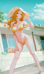 1girl absurdres armpits bare_legs bikini breasts brown_hair collarbone commentary_request commission forehead gluteal_fold hand_on_own_thigh hat highleg highleg_bikini highres large_breasts long_hair looking_at_viewer navel original outdoors pixiv_commission qingli_ye shoes smile sneakers solo straw_hat swimsuit very_long_hair vs white_shoes yellow_bikini