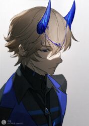 Rule 34 | 1boy, black jacket, black shirt, blue eyes, blue horns, highres, horns, htt1821, jacket, lee: palefire (pgr), lee (pgr), light brown hair, lofter username, messy hair, oni horns, punishing: gray raven, shirt, short hair, solo, unkempt