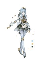 1girl absurdres alternate_costume android aoma_(xuanzexuexi) apron black_bow black_necktie black_skirt blue_eyes blue_hair bow character_name color_guide double_bun frilled_apron frilled_cuffs frills full_body gears genshin_impact hair_bun hair_ribbon heart high_heels highres ineffa_(genshin_impact) joints looking_at_viewer maid maid_apron maid_headdress mechabare necktie petticoat ribbon robot_ears robot_joints sidelocks skirt sparkle white_apron white_background
