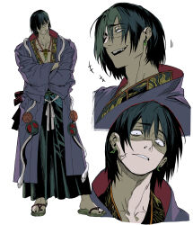 1boy absurdres black_eyes black_nails crossed_arms dogho31 earrings full_body grin hair_over_one_eye highres japanese_clothes jewelry kimono laughing magatama magatama_necklace male_focus multiple_views muscular muscular_male necklace one_eye_covered original purple_kimono sandals scar scar_on_face simple_background smile solo teeth toenails upper_body white_background