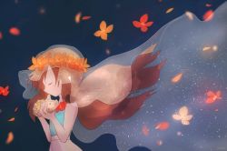 1girl bare_shoulders blue_shirt closed_eyes dark_background flower flower_necklace flower_wreath instrument jewelry lei long_hair melody_(pokemon) music necklace nintendo ocarina petals playing_instrument pokemon pokemon_(anime) pokemon_(classic_anime) pokemon_the_movie_2000:_the_power_of_one red_hair shirt sleeveless sleeveless_shirt veil yuki56