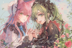 2girls absurdres animal_ears black_hat blue_bow borrowed_character bow bug butterfly ciloranko flower green_hair hat highres insect leaf long_hair maccha_(mochancc) multiple_girls open_mouth original