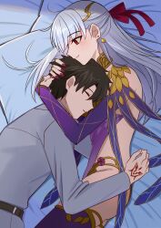 Rule 34 | 1boy, 1girl, absurdres, bed, bed sheet, belt, black hair, blush, breasts, chaldea uniform, closed eyes, command spell, earrings, fate/grand order, fate (series), fujimaru ritsuka (male), hetero, highres, hug, head hug, jewelry, kama (fate), large breasts, long hair, on bed, red eyes, red nails, red ribbon, ribbon, shintyoi2, shirt, sleeping, white hair, white shirt