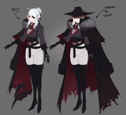 Rule 34 | absurdres, ahoge, ascot, belt, black boots, black coat, black corset, black gauntlets, black gloves, black hat, black jacket, boots, coat, coat on shoulders, concept art, corset, english text, eyepatch, gauntlets, general geega, general geega (inquisitor), gloves, grey background, grey jacket, hat, hat over eyes, high heel boots, high heels, highres, indie virtual youtuber, jacket, multiple belts, n0r0, official art, pants, pointy ears, red ascot, red eyes, reference sheet, single gauntlet, single glove, swept bangs, torn clothes, torn coat, white hair, white pants