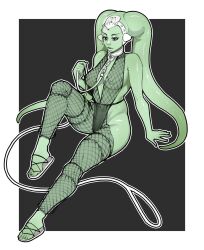 1girl alien breasts chain chain_leash cleavage collar colored_skin covered_navel curvy full_body green_skin highres indoors large_breasts leash lekku_(anatomy) looking_at_viewer lying navel nipples no_humans on_side oola purple_lips revealing_clothes scribblesquab simple_background sitting slave solo star_wars thong tiptoes trapped twi&#039;lek wide_hips