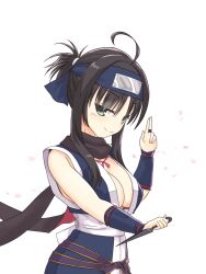 &gt;:) 1girl ahoge black_hair black_scarf blue_arm_warmers blue_kimono breasts c: cleavage closed_mouth commentary_request cowboy_shot floating_scarf green_eyes hair_between_eyes hand_up highres hitachi_mako holding holding_kunai holding_weapon japanese_clothes kimono kuji-in kunai large_breasts light_blush looking_at_viewer ninja no_bra scarf senren_banka shirayamakoma short_hair_with_long_locks simple_background sleeveless sleeveless_kimono smile smug solo split_mouth v-shaped_eyebrows weapon white_background