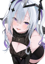 1girl amane_konata black_dress blush breasts cleavage collarbone commentary_request detached_sleeves dress grey_hair highres hololive large_breasts leaning_forward long_hair mappaninatta meme_attire open-chest_sweater purple_eyes purple_hair smile solo sweater sweater_dress two_side_up very_long_hair virtual_youtuber