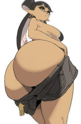 Rule 34 | 1girl, ass, bikini, black bikini, breasts, callie (splatoon), clothes pull, curvy, dark-skinned female, dark skin, earrings, highres, huge ass, inkling, jewelry, large breasts, long hair, looking at viewer, mole, mole under eye, nintendo, pointy ears, shorts, shorts pull, simple background, solo, splatoon (series), swimsuit, tentacle hair, white background, yuta agc