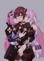 Rule 34 | 3girls, black dress, black pantyhose, black shorts, blush, breasts, brown hair, commentary, corset, diamond-shaped pupils, diamond (shape), dress, dual persona, eden (honkai impact), elf, elysia (herrscher of human: ego) (honkai impact), elysia (honkai impact), elysia (miss pink elf) (honkai impact), fingering, grabbing another&#039;s breast, grey background, groping, hair ornament, honkai (series), honkai impact 3rd, large breasts, licking, licking another&#039;s neck, long hair, multicolored hair, multiple girls, pantyhose, pink hair, pointy ears, purple eyes, pussy cutout, pussy juice, short shorts, shorts, simple background, symbol-shaped pupils, toufu 0626, two-tone hair, very long hair, white corset, white hair, yellow eyes, yuri