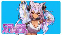 1girl :q animal_ear_fluff animal_ears breasts cat_ears celes_aurion character_name choker cleavage collarbone hair_between_eyes headphones highres holographic_clothing jacket large_breasts looking_at_viewer open_clothes open_jacket outside_border patch paw_print pink_hair red_eyes solo sports_bra teru_(asa_hi_t) third-party_source tongue tongue_out vdreams virtual_youtuber white_choker white_sports_bra