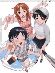 3girls :d arm_up arms_up art_program_in_frame baseball_cap bikini black_eyes black_hair blush braid brown_hair cellphone closed_mouth commentary_request frilled_bikini frills from_above futsuu_no_keion-bu hair_ornament hat hatono_chihiro highres holding holding_swim_ring innertube kouyama_rin kusakabe_(kskb_e) long_hair long_sleeves looking_at_viewer midriff mole mole_under_eye multiple_girls navel one_eye_closed open_mouth parted_bangs phone plaid_bikini plaid_clothes procreate_(software) rash_guard red_bikini sandals selfie selfie_stick shirt short_hair short_sleeves simple_background smartphone smile standing standing_on_one_leg striped_clothes striped_shirt swim_ring swimsuit t-shirt taking_picture twin_braids twintails uchida_momo v white_background white_hat x_hair_ornament