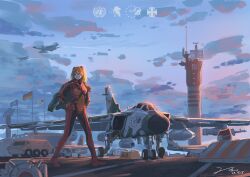 Rule 34 | 1girl, absurdres, air traffic control, aircraft, airplane, armored personnel carrier, armored vehicle, commentary, english commentary, fighter jet, german flag, hand on own hip, highres, long hair, mecha pilot suit, military base, military vehicle, motor vehicle, neon genesis evangelion, nerv, orange hair, outdoors, plugsuit (evangelion), scenery, signature, solo, souryuu asuka langley, standing, sunset, tower, united nations, user kyxw3427, vehicle request, walking