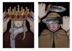2boys blonde_hair canute cape crown dagger fur-trimmed_cape fur_trim highres joko_boo knife long_hair male_focus multiple_boys panels portrait prince red_cape short_hair teeth thorfinn viking vinland_saga weapon