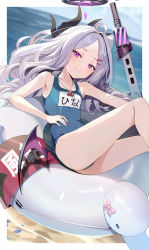 1girl ahoge armpits ass blue_archive blue_one-piece_swimsuit blurry blurry_background border commentary_request covered_navel demon_horns dutch_angle feet_out_of_frame flat_chest gun hair_ornament hairclip halo highres hina_(blue_archive) hina_(swimsuit)_(blue_archive) horns innertube kouda_hayato_(e-gis) legs light_purple_hair long_hair looking_at_viewer low_wings lying machine_gun mg42 multiple_horns name_tag ocean official_alternate_costume on_back one-piece_swimsuit parted_bangs purple_eyes shadow shiny_skin smile solo sweatdrop swim_ring swimsuit thighs weapon whistle whistle_around_neck white_border wings