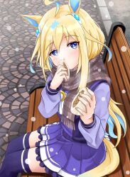 1girl ahoge animal_ears bench blue_eyes blush breasts commentary_request food hair_between_eyes hair_ornament highres horse_ears horse_girl horse_tail kuroneko86 looking_at_viewer multicolored_hair neo_universe_(umamusume) pov road scarf school_uniform sharing_food simple_background small_breasts snowing steamed_bun street tail tracen_school_uniform two-tone_hair umamusume
