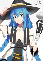 1girl absurdres blue_eyes blue_hair braid chinese_commentary closed_mouth commentary_request cowboy_shot crossed_bangs dated dress gradient_background grey_background hand_up hat highres holding holding_staff jyuunen-kun large_hat long_braid long_hair long_sleeves looking_at_viewer mage_staff mushoku_tensei roxy_migurdia signature solo staff twin_braids very_long_hair white_dress witch_hat