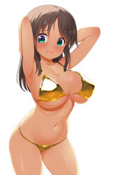 1girl alice_gear_aegis armpits azaz_(4423442344234423) bikini bloom blush breasts brown_hair cleavage from_side gold_bikini green_eyes highres kaneshiya_sitara large_breasts looking_at_viewer medium_hair navel open_mouth sideboob simple_background smile solo stomach swimsuit underboob white_background