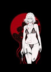 1girl blood blood_on_face blood_splatter bra breasts commentary_request covered_erect_nipples expressionless flower frilled_thigh_strap highres izayoi_sakuya knife large_breasts limited_palette lingerie looking_at_viewer maid_headdress navel panties rose see-through_bra see-through_clothes see-through_panties short_hair solo thigh_strap throwing_knife touhou underwear weapon yamada_satoshi
