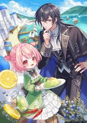 1boy 1girl :d ascot bird black_bow black_bowtie black_hair black_jacket black_pants blue_eyes blush bow bowtie chili_pepper commentary_request day food frilled_skirt frills fruit green_shirt hair_between_eyes hand_on_own_chin holding holding_plate jacket jar lemon lemon_slice long_hair long_sleeves looking_at_viewer ocean open_clothes open_jacket open_mouth original outdoors pants pink_hair plate red_eyes seagull seaweed ship shirt short_hair skirt smile standing suzaku_(zaku6584) watercraft white_ascot white_skirt