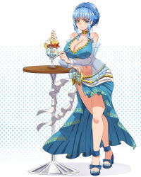1girl bikini blue_bikini blue_hair blue_sandals blue_sarong braid breasts brown_eyes choker cleavage closed_mouth crown_braid fire_emblem fire_emblem:_three_houses fire_emblem_heroes food gold_choker highres holding holding_spoon large_breasts looking_at_viewer marianne_von_edmund marianne_von_edmund_(summer) medium_hair navel nintendo official_alternate_costume parfait sandals sarong smile spoon swimsuit table zuchysdraws