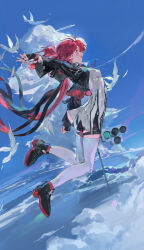 1girl :d absurdres arknights bird black_boots black_jacket black_shorts blue_sky boots breasts chinese_commentary cloud cloudy_sky commentary_request cropped_jacket cross cross_earrings cumulonimbus_cloud dress earrings energy_wings exusiai_(arknights) exusiai_the_new_covenant_(arknights) fingerless_gloves flying from_side gloves halo hand_up highres jacket jewelry long_sleeves medium_breasts open_clothes open_jacket open_mouth orange_eyes profile qingfeng_canying red_hair short_hair short_shorts shorts sky smile solo thigh_strap thighhighs traditional_halo traffic_light white_bird white_dress white_halo white_thighhighs wide_sleeves
