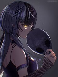 1girl absurdres arm_strap black_dress black_hair breasts commentary dress english_commentary from_side grey_arm_warmers grey_background grey_hair highres holding holding_mask hololive hololive_english ikkitaro large_breasts long_hair mask multicolored_hair shiori_novella shiori_novella_(1st_costume) solo two-tone_hair virtual_youtuber yellow_eyes
