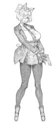 1girl alternate_hairstyle animal_ear_fluff animal_ears blue_archive blush breasts clenched_teeth collared_shirt cuffs dog_ears full_body gloves greyscale gun hair_over_one_eye halo handcuffs handgun highres holding holding_gun holding_weapon indinu jacket kanna_(blue_archive) large_breasts long_sleeves looking_at_viewer monochrome necktie one_eye_covered open_clothes open_jacket pantyhose rectangular_halo sharp_teeth shirt shirt_tucked_in short_hair simple_background sketch skirt solo teeth weapon white_background
